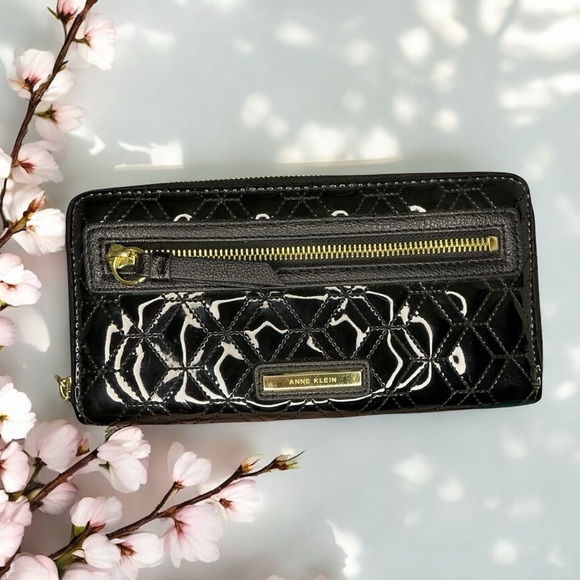 Anne Klein Black Quilted Patent Wallet | Gold-Tone Hardware - Picture 1 of 12